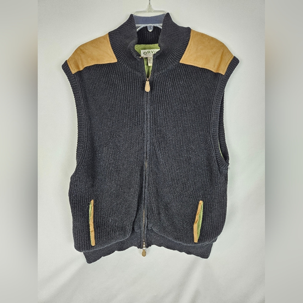 Orvis Navy Vest with Tan Leather Accents Heavyweight